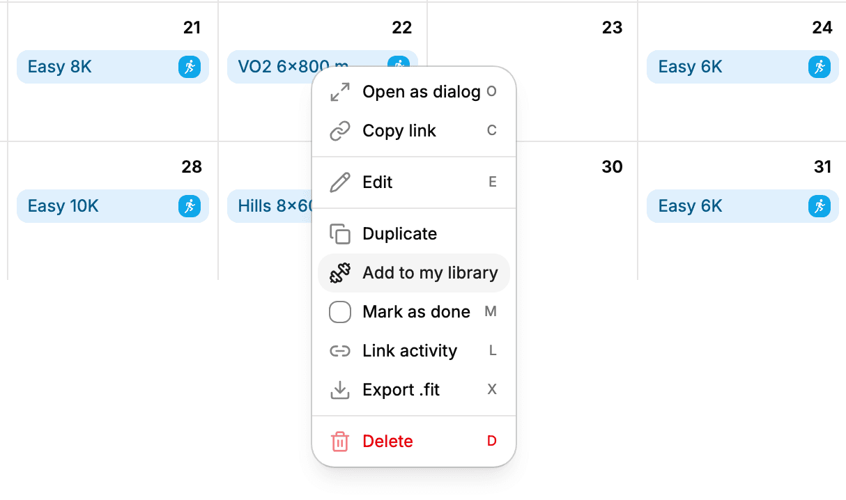 The right-click menu on a VO2 session, with Add to my library under Duplicate.