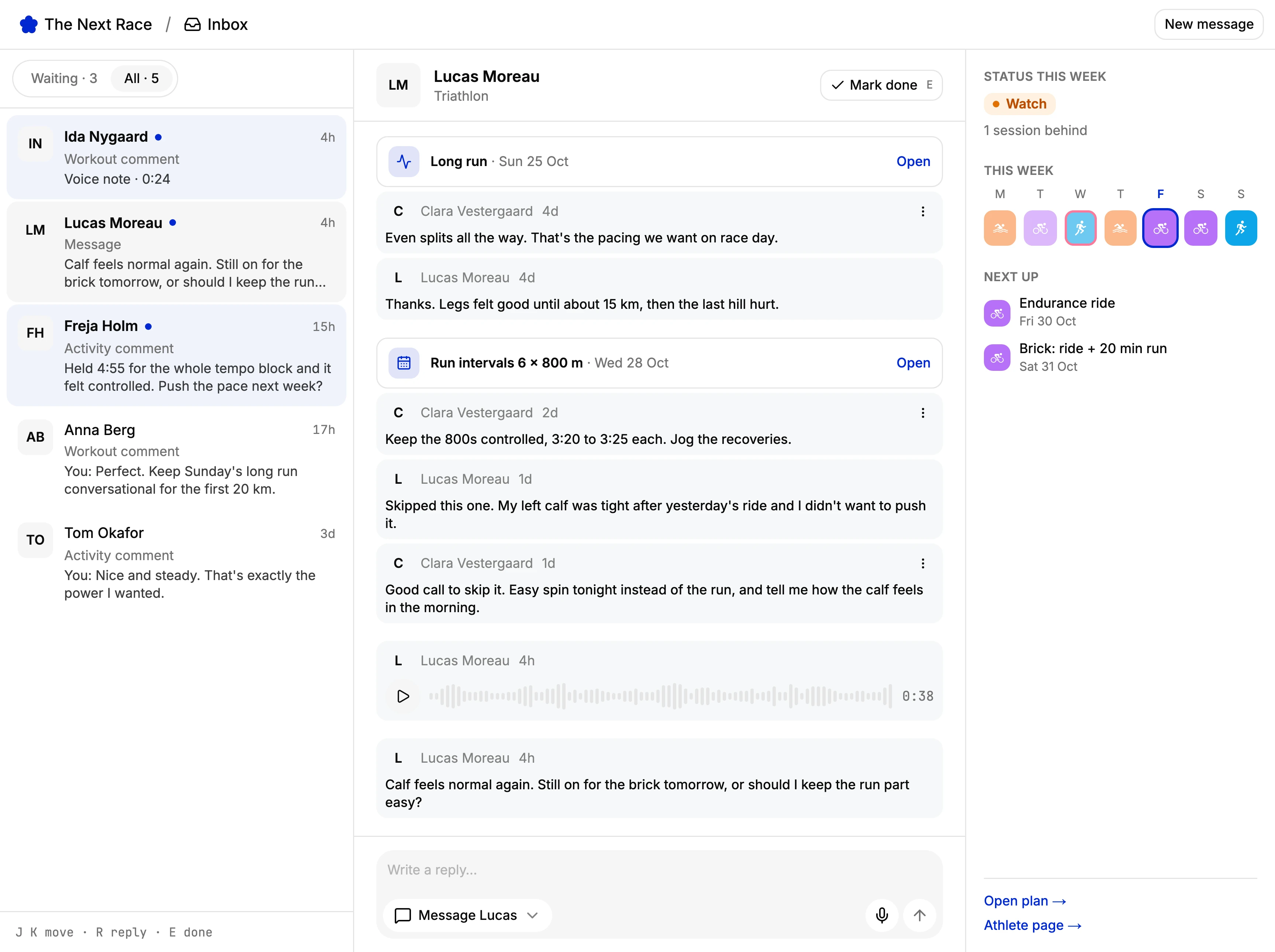 The TNR coach inbox: a conversation with an athlete about a missed interval session, with comments on the workout and a voice note