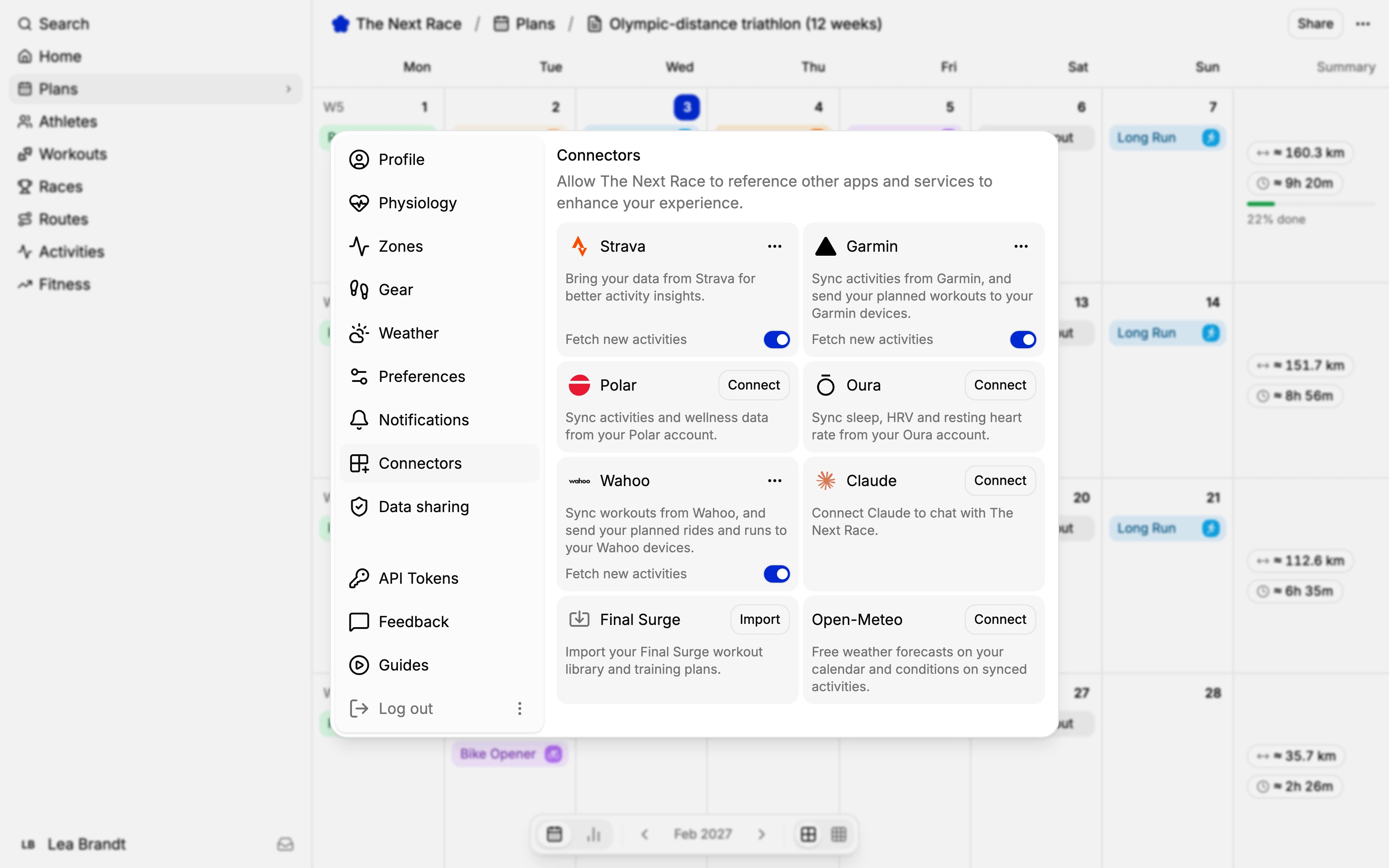 Connectors in TNR settings, with Strava, Garmin and Wahoo connected and fetching new activities, and Polar, Oura and Claude ready to connect