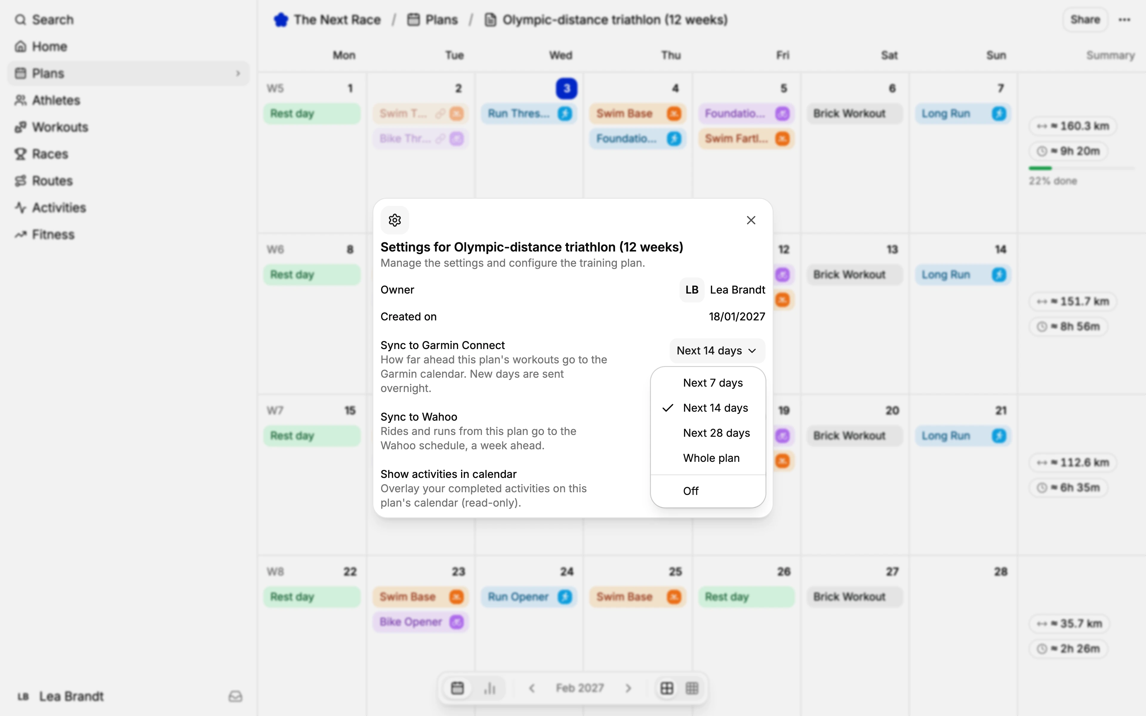 Plan settings in TNR with Sync to Garmin Connect set to the next 14 days, and Sync to Wahoo below it