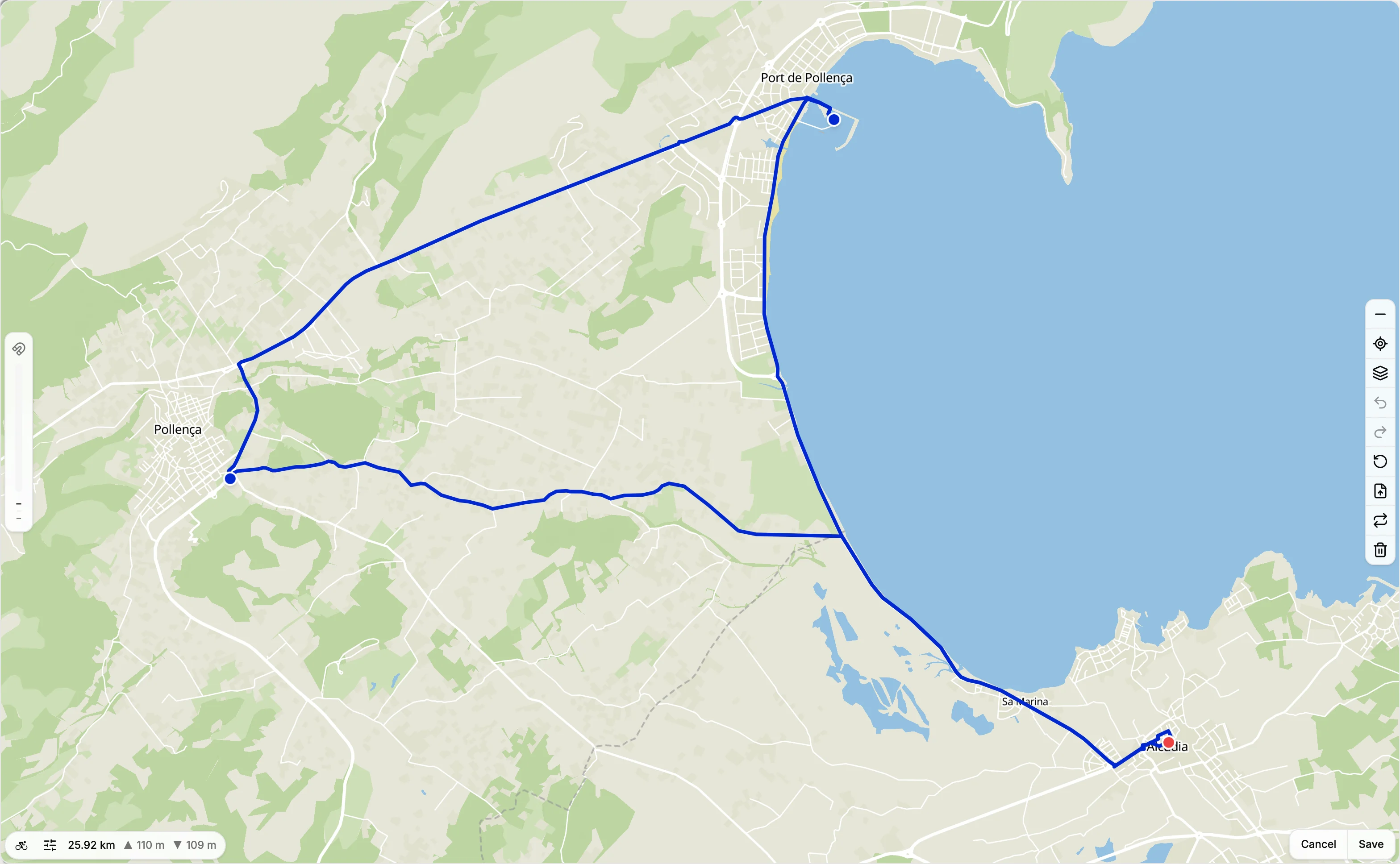 A 26 km loop from Alcúdia through Port de Pollença and Pollença in the TNR route planner
