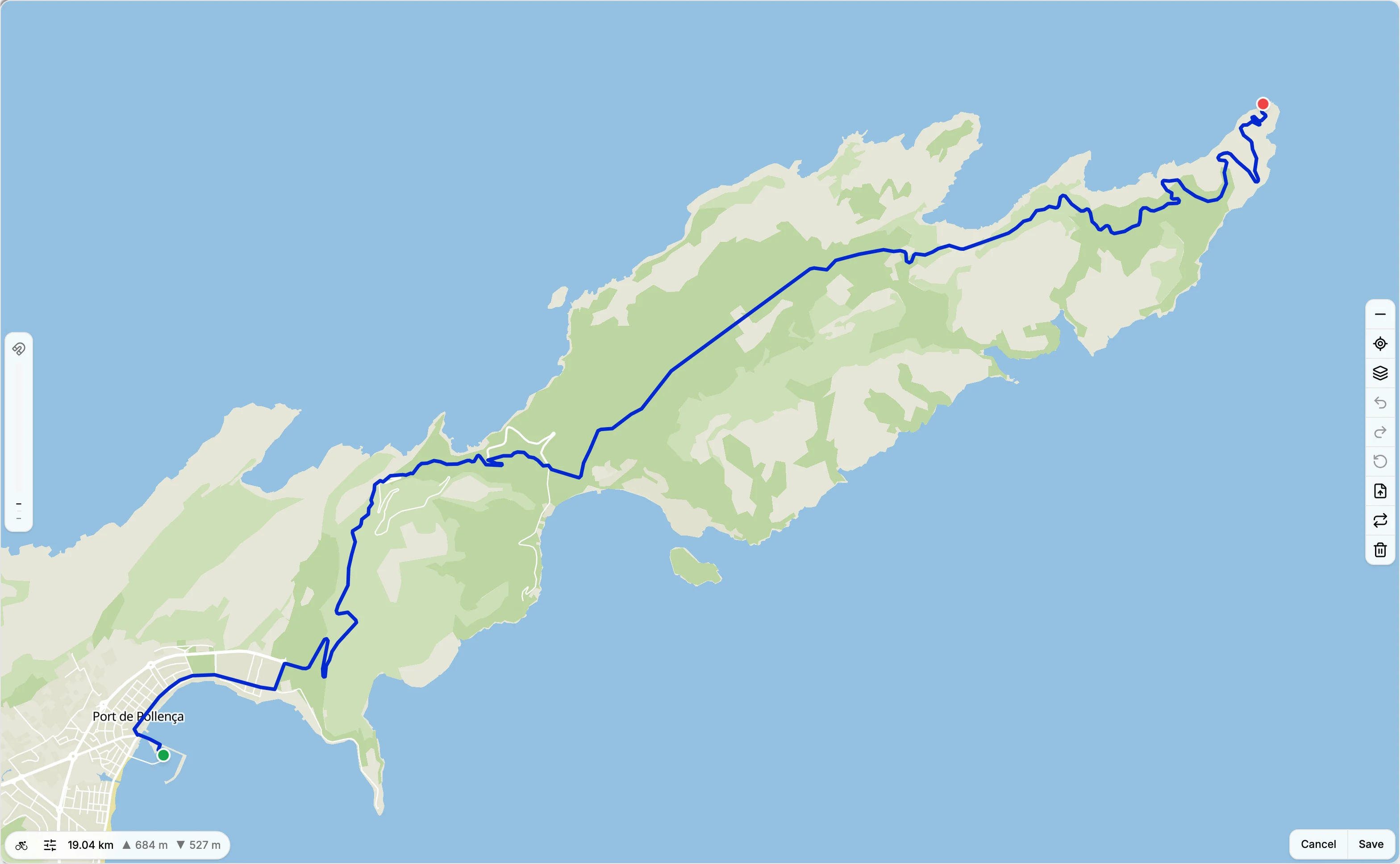 The TNR route planner with a 19 km ride from Port de Pollença to the Formentor lighthouse on Mallorca, showing distance, ascent and descent