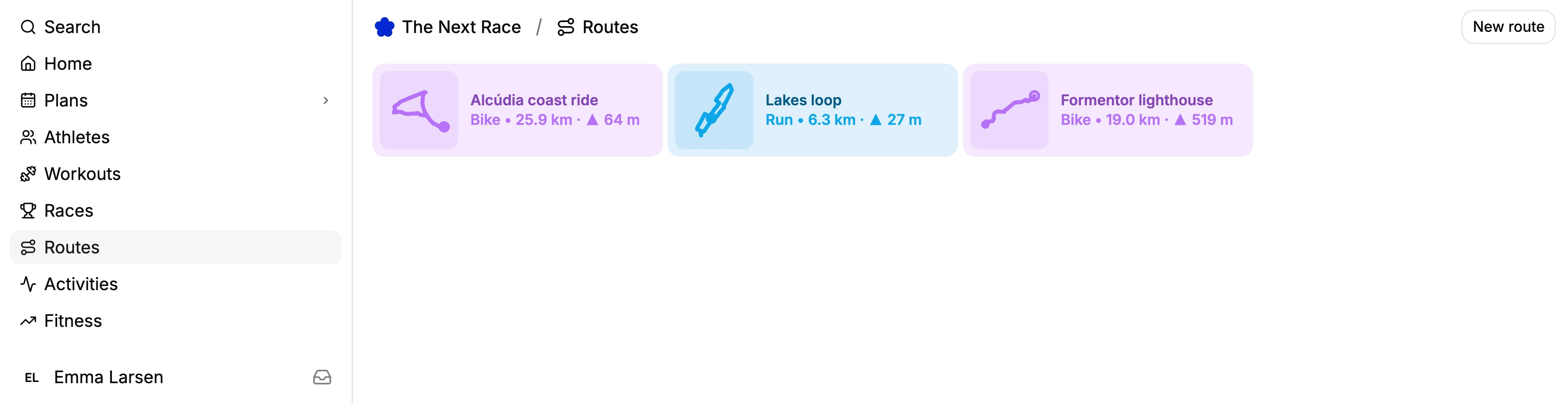 Saved routes in TNR: two rides and a run, each with distance and climb