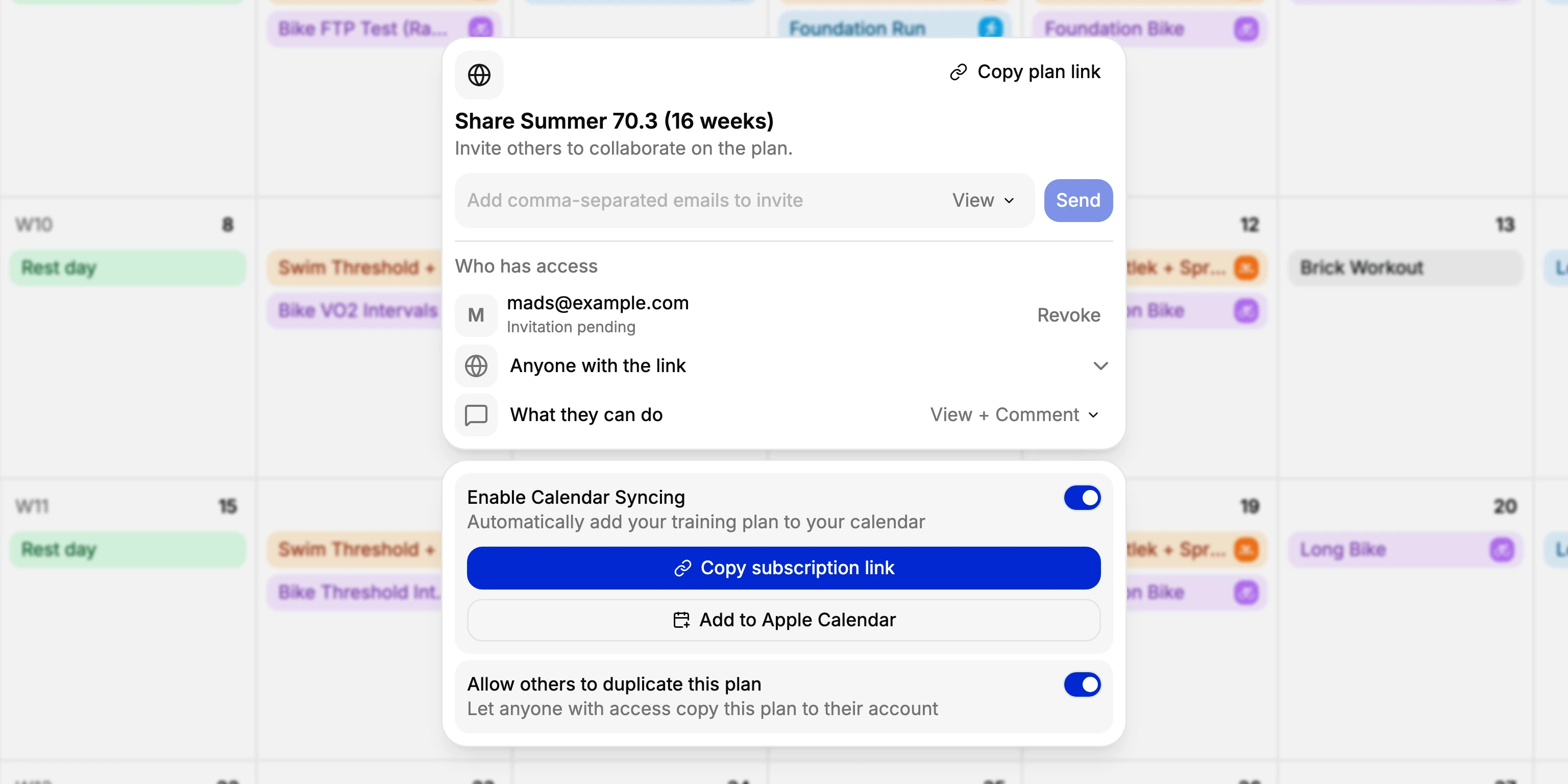 Sharing a 70.3 plan in TNR: anyone with the link can view and comment, calendar syncing is on with a subscription link, and others may duplicate the plan