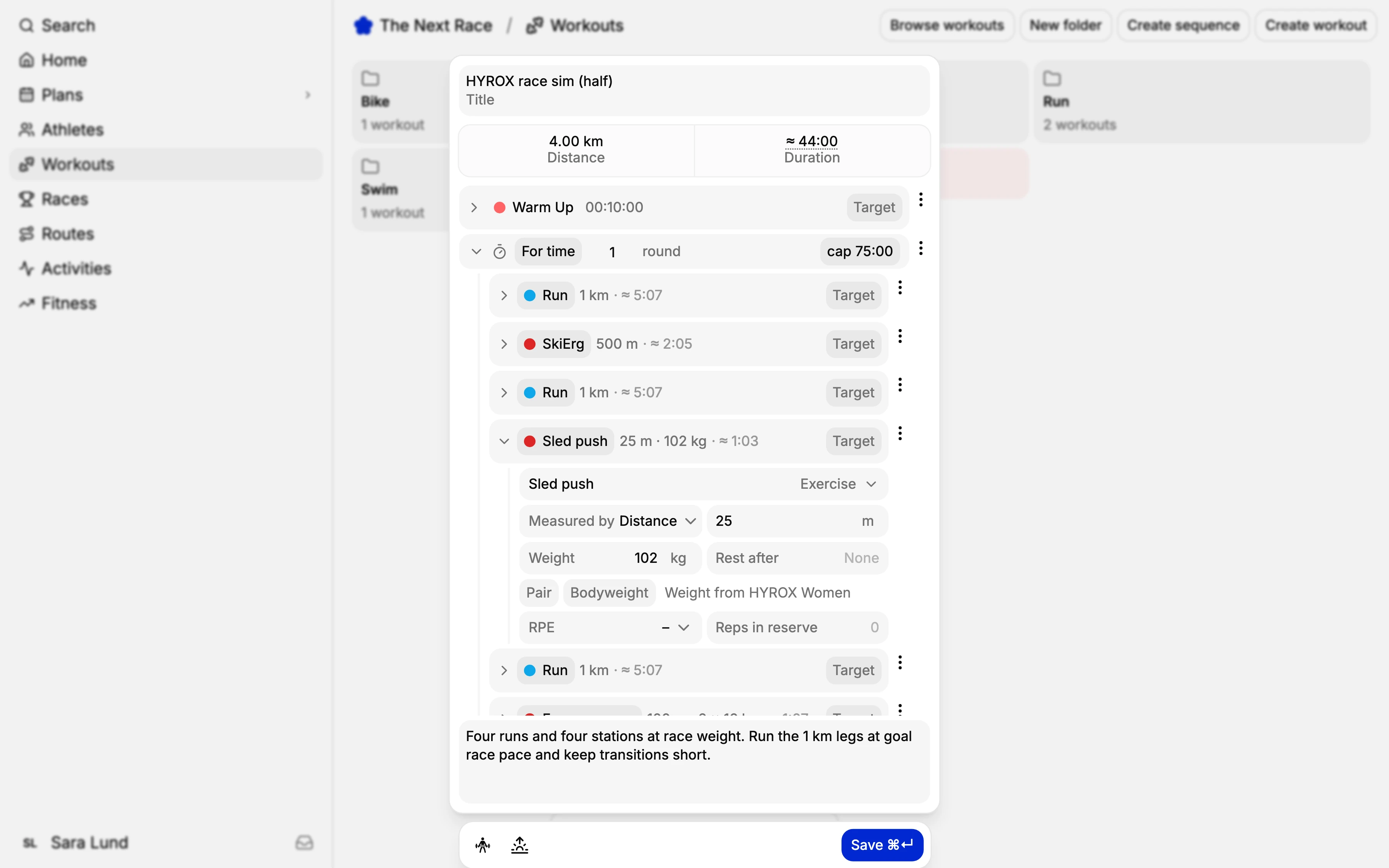 A HYROX race sim in the TNR strength builder: 1 km runs between SkiErg, sled push and farmers carry, with the sled push weight filled in from the HYROX Women division
